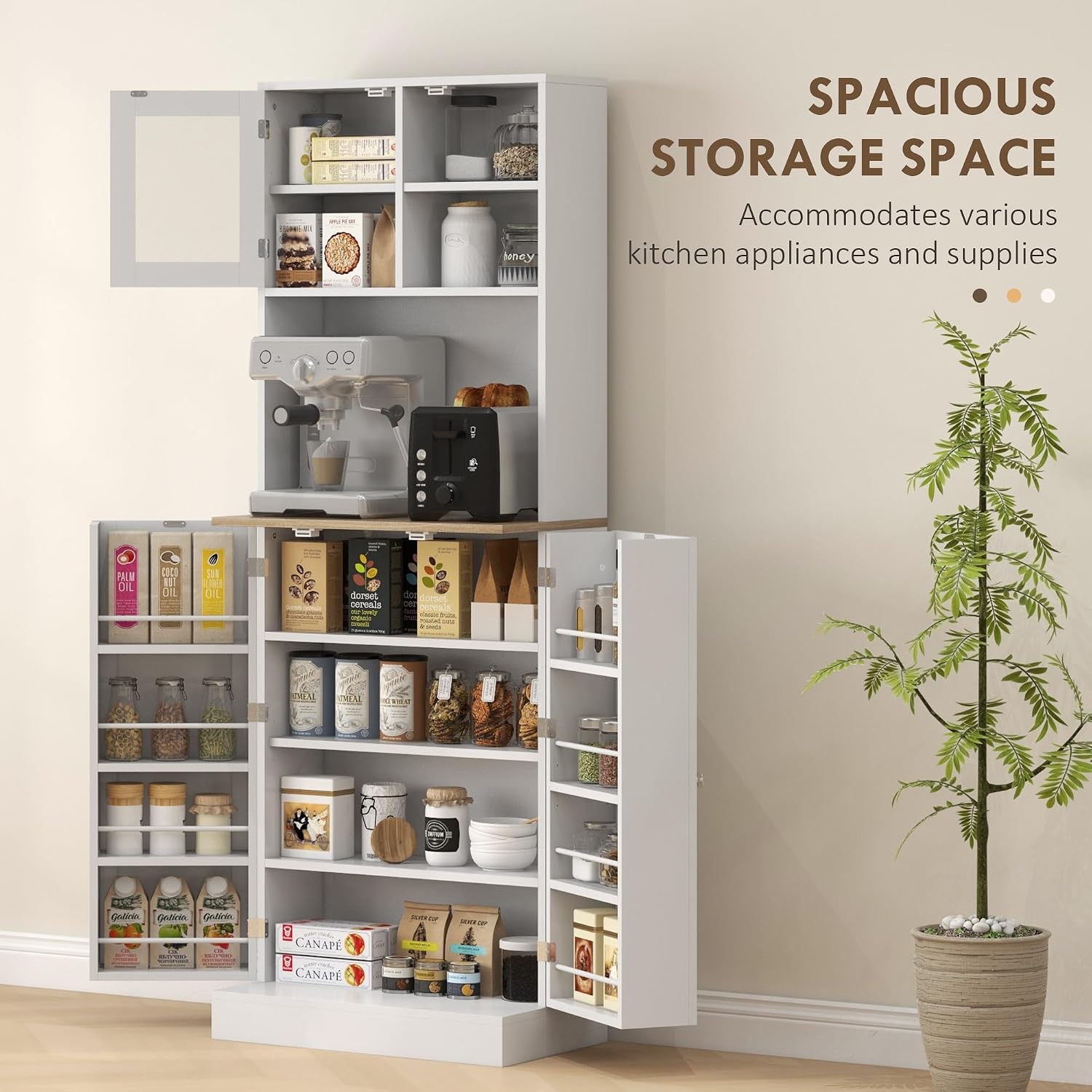 66' Adjustable-Shelf Freestanding Storage Cabinet, Kitchen Storage Bakers Rack with Microwave Stand, Utility Food Cupboard with Anti-tip Design for Kitchen Dining Areas, White