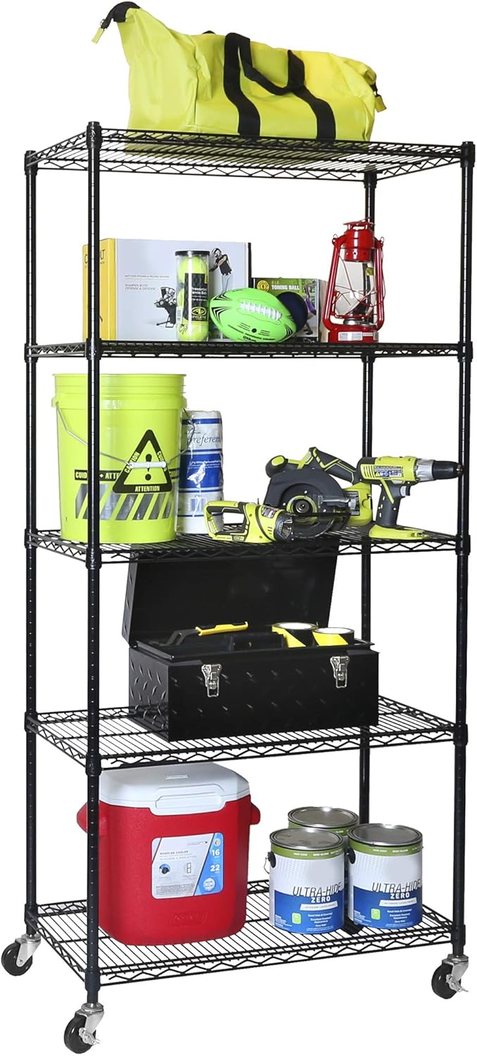 Seville Classics UltraDurable Heavy Duty NSF Solid Steel Wire Rack Storage Unit, Organizer for Garage, Warehouse, Office, Restaurant, Classroom, Kitchen, Black, 5-Tier Shelving, 36' W x 18' D
