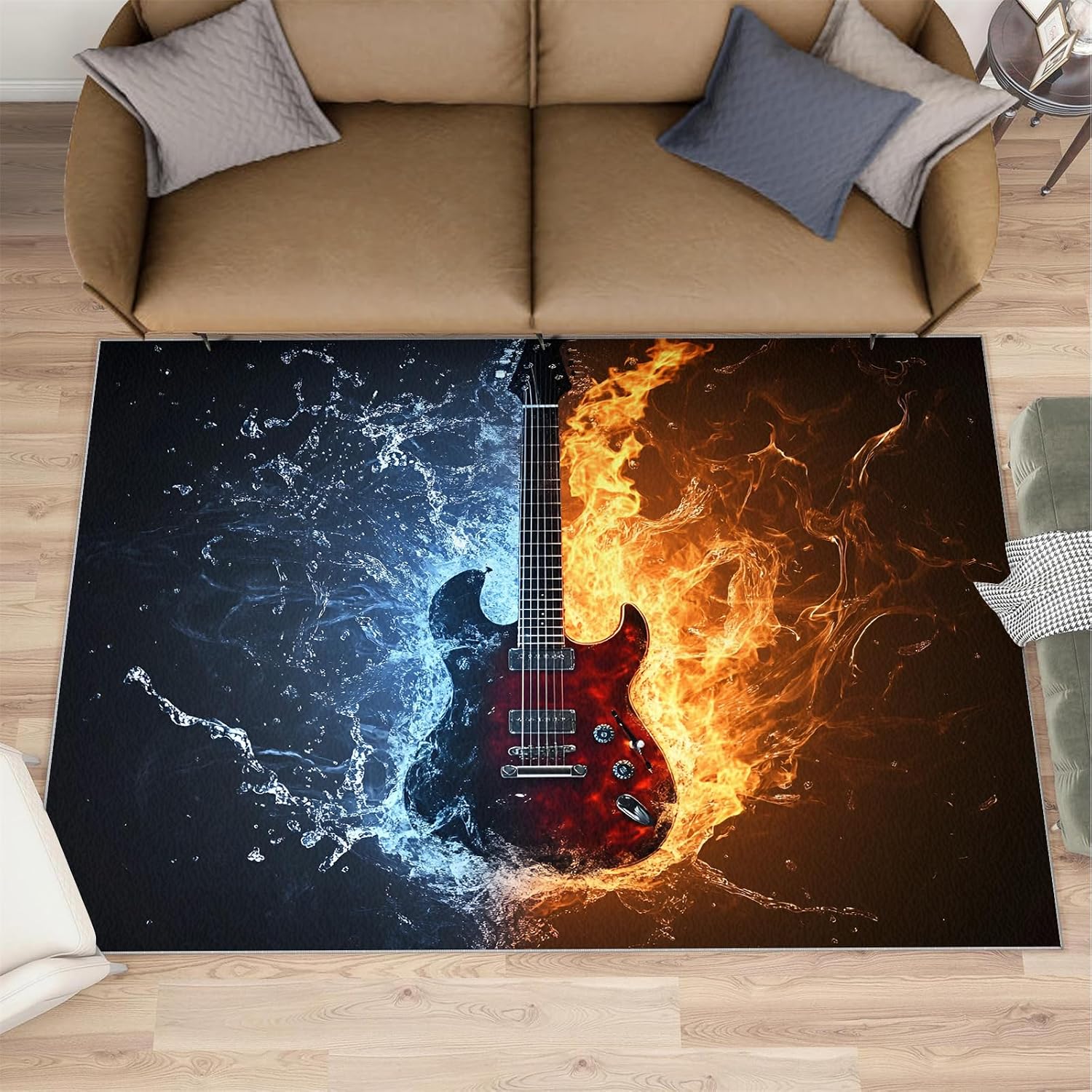 Music Rugs for Living Room, Electric Guitar Washable Rug， Boys Rugs for Bedroom, Low Pile & Non Slip, Indoor Carpet, 5x8 Area Rug & Entryway Decor