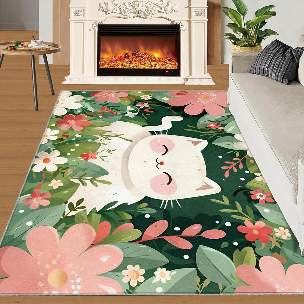 Cat in The Garden Rug for Kids Room - 6x8 Large Rug, Animal Cat Rugs for Bedroom Watercolor Flowers Area Rugs for Living Room Home Decor Washable Rug