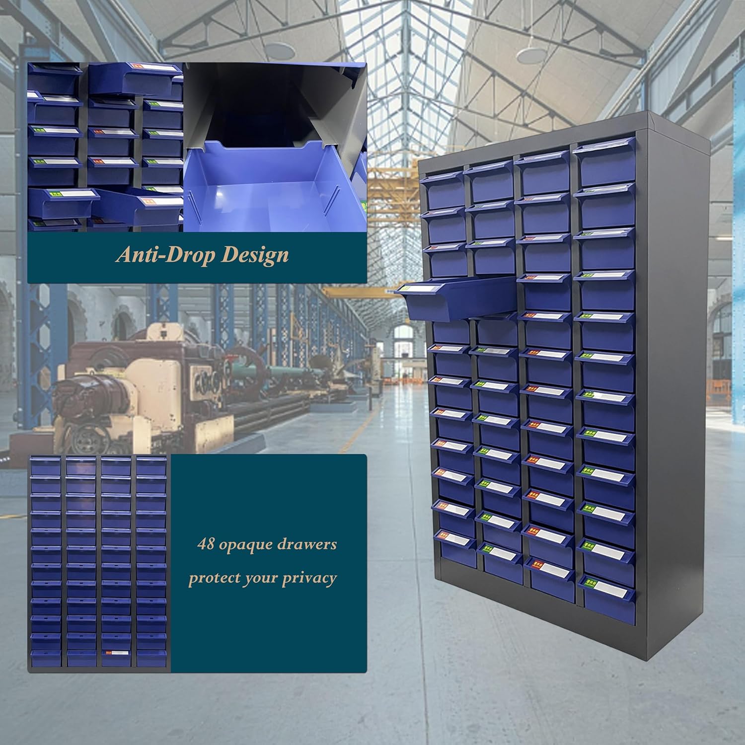 Parts Cabinet Screw Hardware Spare Parts Storage Organizer with 48 Medium Drawers 8.43 * 4.53 * 2.6 inch for Bolts Nuts Legos Beads Samples Metals Documents Garages Factories Offices