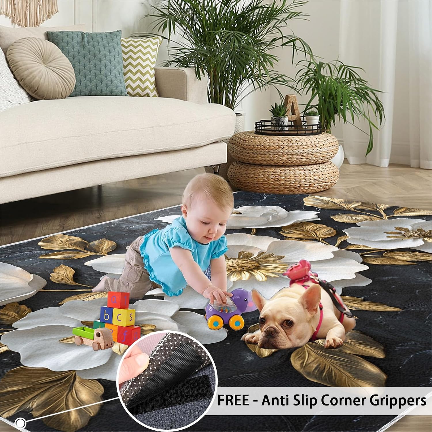 Relief Flower Area Rug Large - 6x8 Rug, Black Gold Flower Rugs for Living Room, Floral Carpet, Modern Washable Area Rugs for Bedroom, Aesthetic Carpet, Floral Home Decor