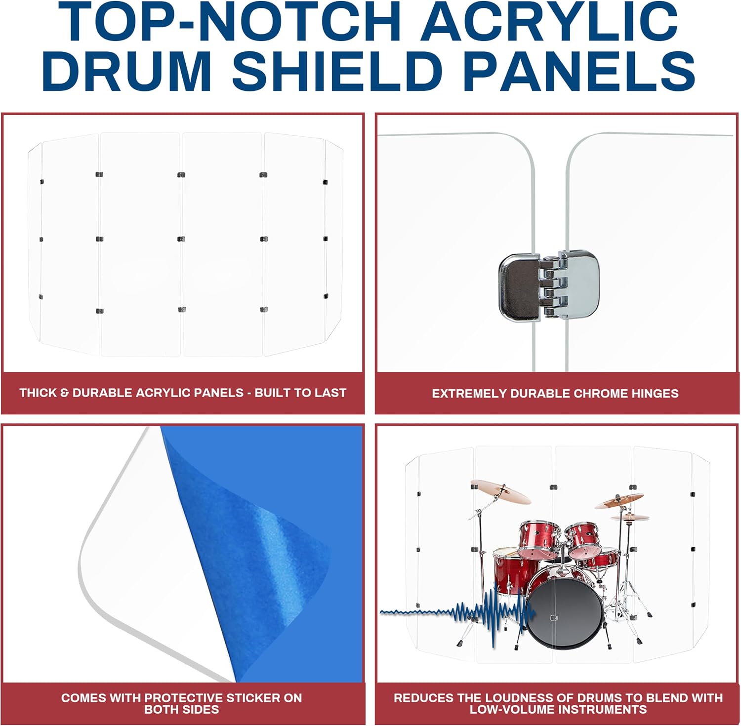 PENNZONI Drum Shield 6ft with Chrome Hinges, Comes w/ 6 Drum Panels, & Chrome Hinges, Premium Clear Acrylic Panels, Drum Screen