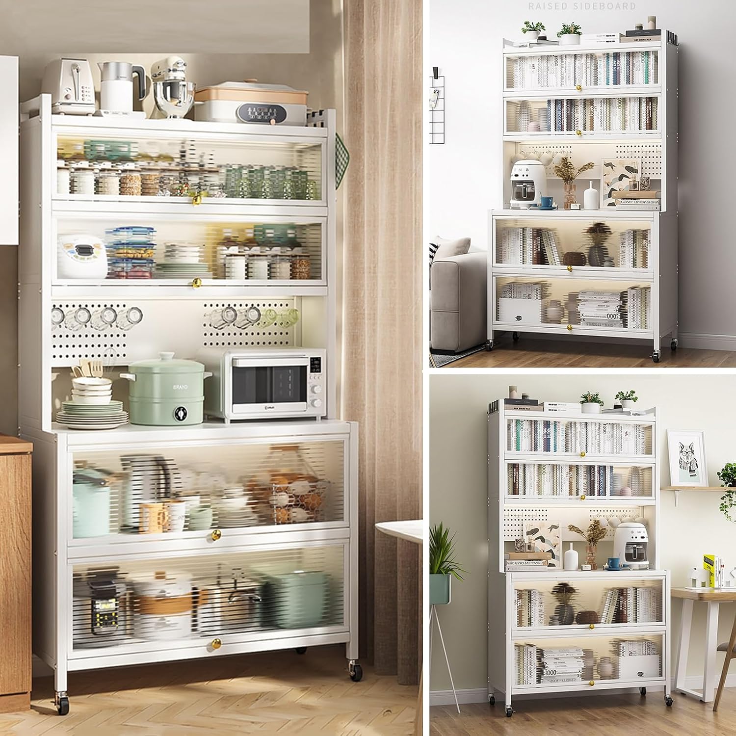 White Baker's Rack with Storage Drawer - Microwave Stand Cabinet, Metal Shelves for Kitchen, Garage, Pantry, Spices, Flip Door Pegboard Accessories, Space-Saving Organize,White,100cm/40in