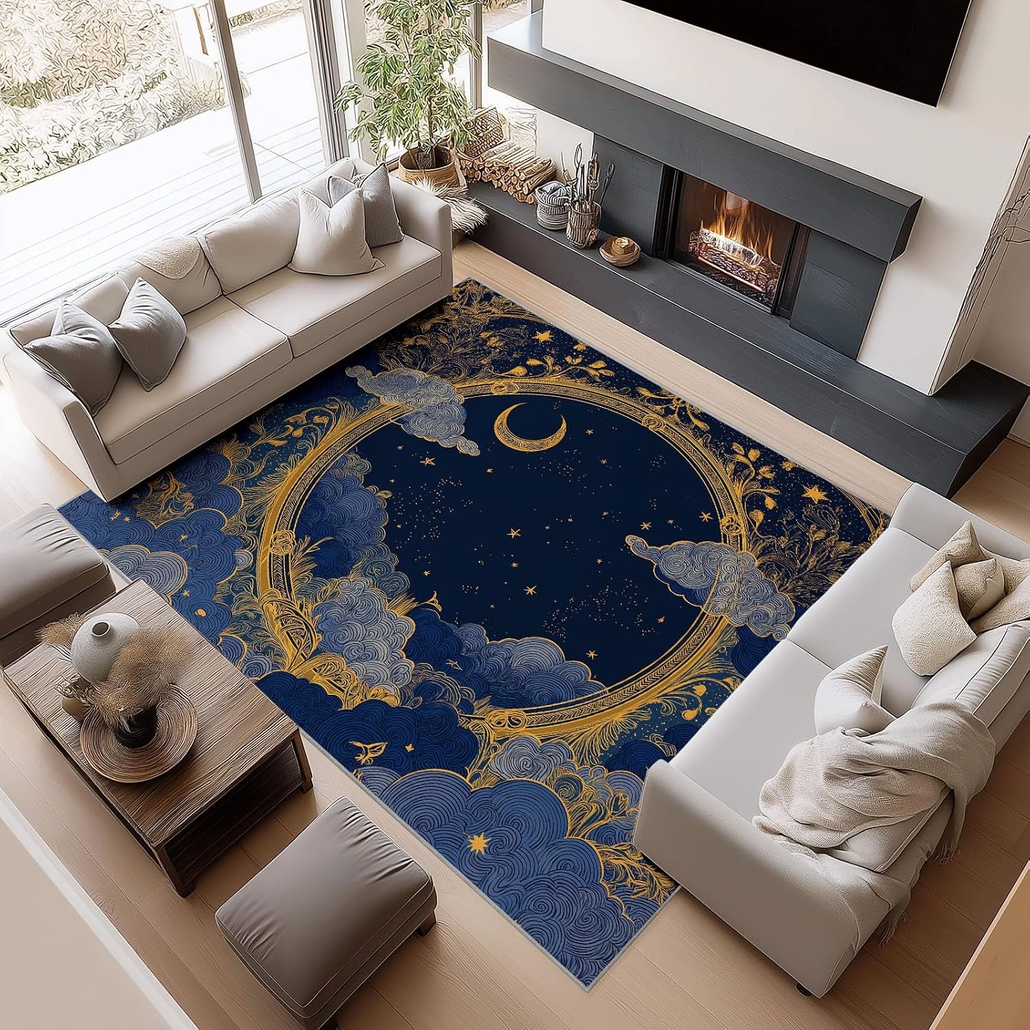 Fantasy Washable 5 x 7 ft Area Rugs for Living Room, Bedroom, Dining Room Kitchen, Office Carpet, Geometric Starry Sky Plant Flower Stain Resistant Non-Slip Large Rug, Durable Easy to Clean