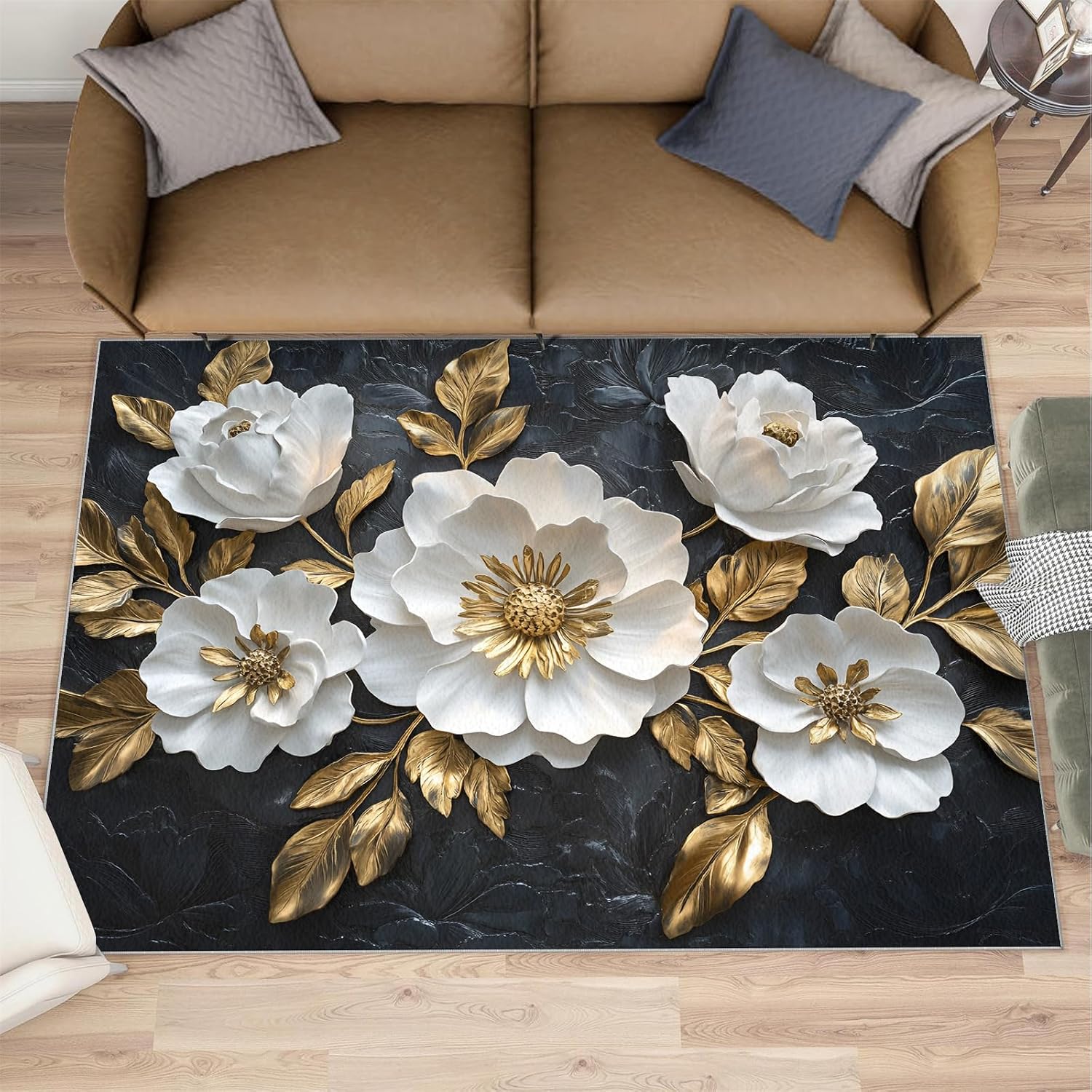 Relief Flower Area Rug Large - 6x8 Rug, Black Gold Flower Rugs for Living Room, Floral Carpet, Modern Washable Area Rugs for Bedroom, Aesthetic Carpet, Floral Home Decor