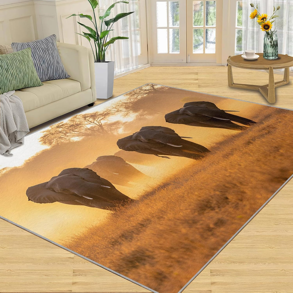 African Elephants Area Rug 6x8 - Grassland Elephant Herd Large Rugs for Living Room, Natural Scenery Carpet Area Rug for Girls Bedroom Kids Room Basement Office Classroom
