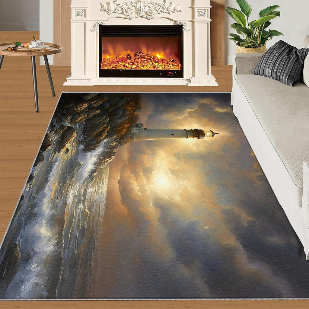 Lighthouse Rug Large - 6x8 Rug, Nautical Area Rugs for Bedroom, Coastal Beach Rugs for Living Room, Boys Room Washable Mat, Ocean Carpet, Nautical Home Decor & Gifts