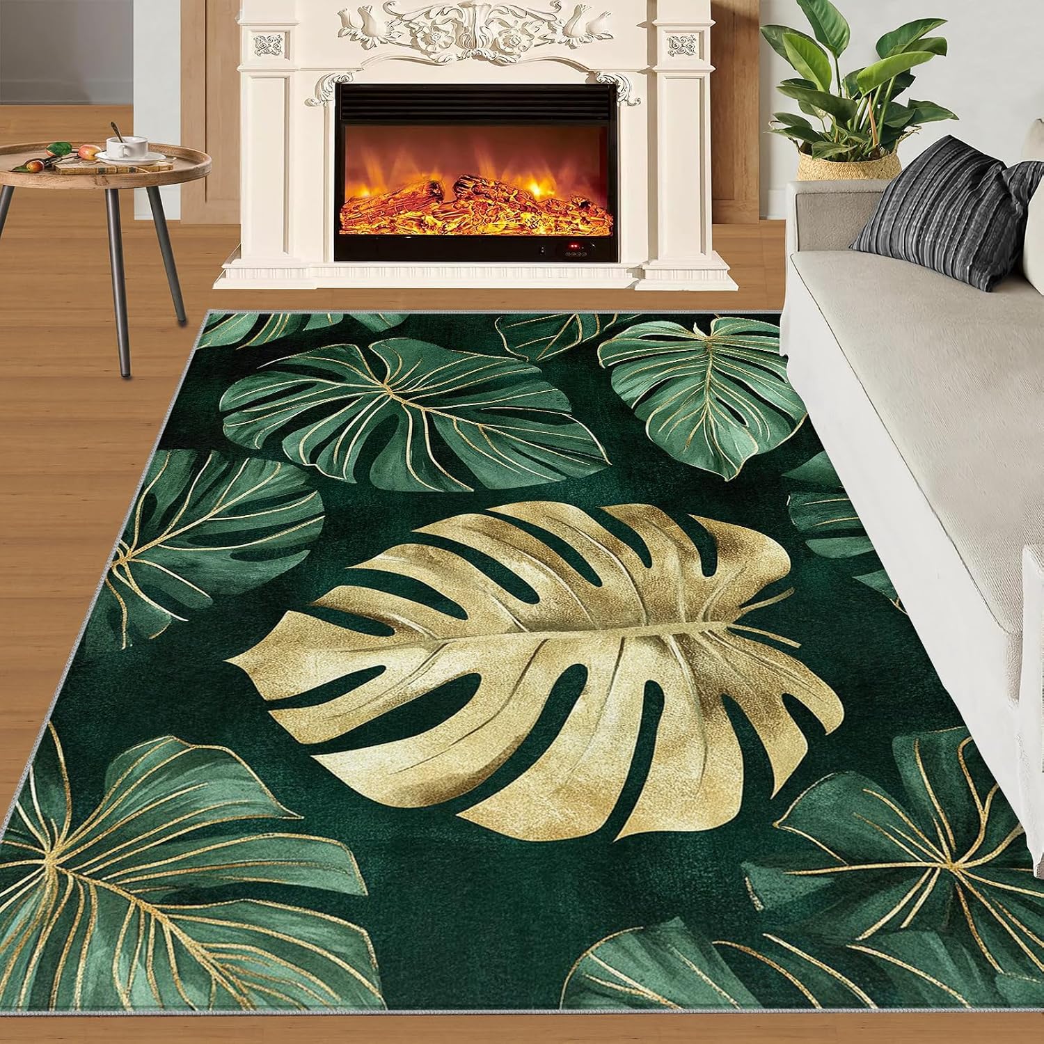 Monstera Rug 6x8-6x8 Rug, Emerald Green Gold Monstera Area Rugs for Bedroom, Tropical Rugs for Living Room, Luxury Washable Mat, Botanical Carpet, Leaves Home Decor & Gifts