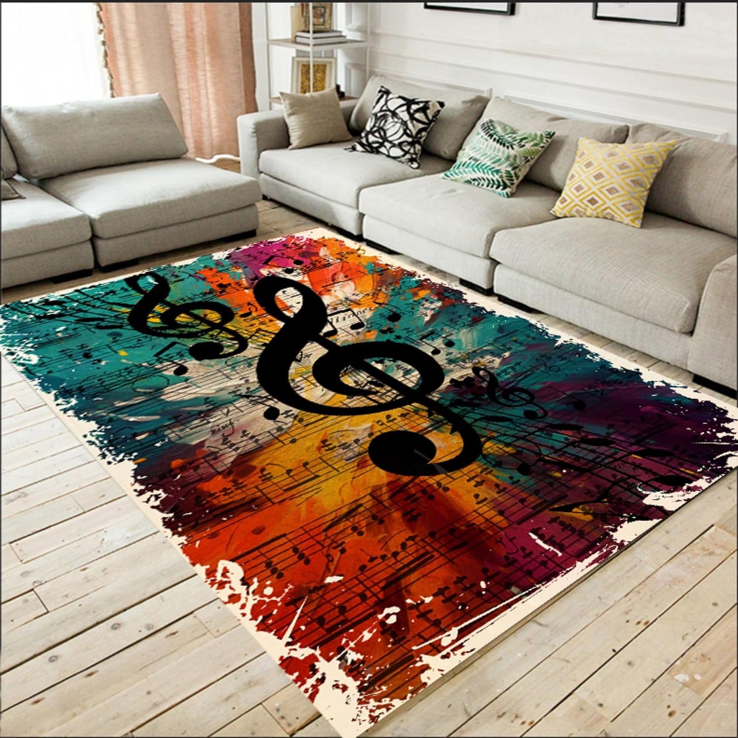 Black Musical Notes Area Rug 6x8ft Music Room Decor Sheet Music Rug Multicolor Washable Orange Blue Yellow Purple Colorful Rug for Music Studio Living Room Entrance Art Deco Rug
