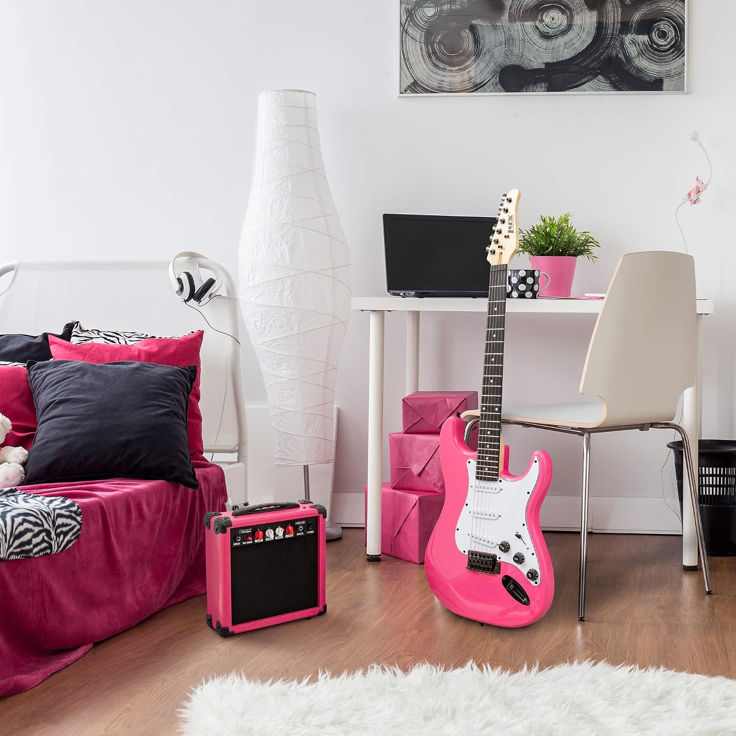 LyxPro 39' inch Full Size Electric Guitar with 20w Amp, Package Includes All Accessories, Digital Tuner, Strings, Picks, Tremolo Bar, Shoulder Strap, and Case Bag Complete Beginner Starter kit - Pink