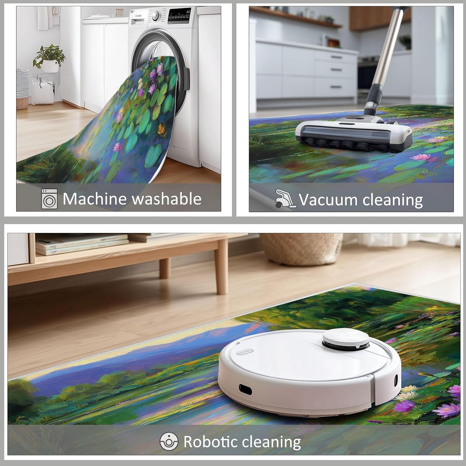 Oil Painting Area Rug 5 x 7 ft for Living Room Bedroom, Pond Mountains Lotus Leaves Willow Trees Indoor Washable Kitchen Carpet Non-Slip Low-Pile Carpet Lightweight Rug for Dining Room Bathroom Door