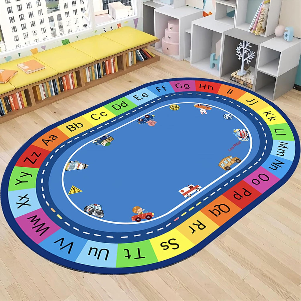 Large Oval Kids Play Rug,6x8ft,ABC Alphabet Numbers Car Puzzle Fun Classroom Rug, Washable Bedroom Play Rug with Non-Slip Backing for Kids Room, Nursery and Baby Playroom