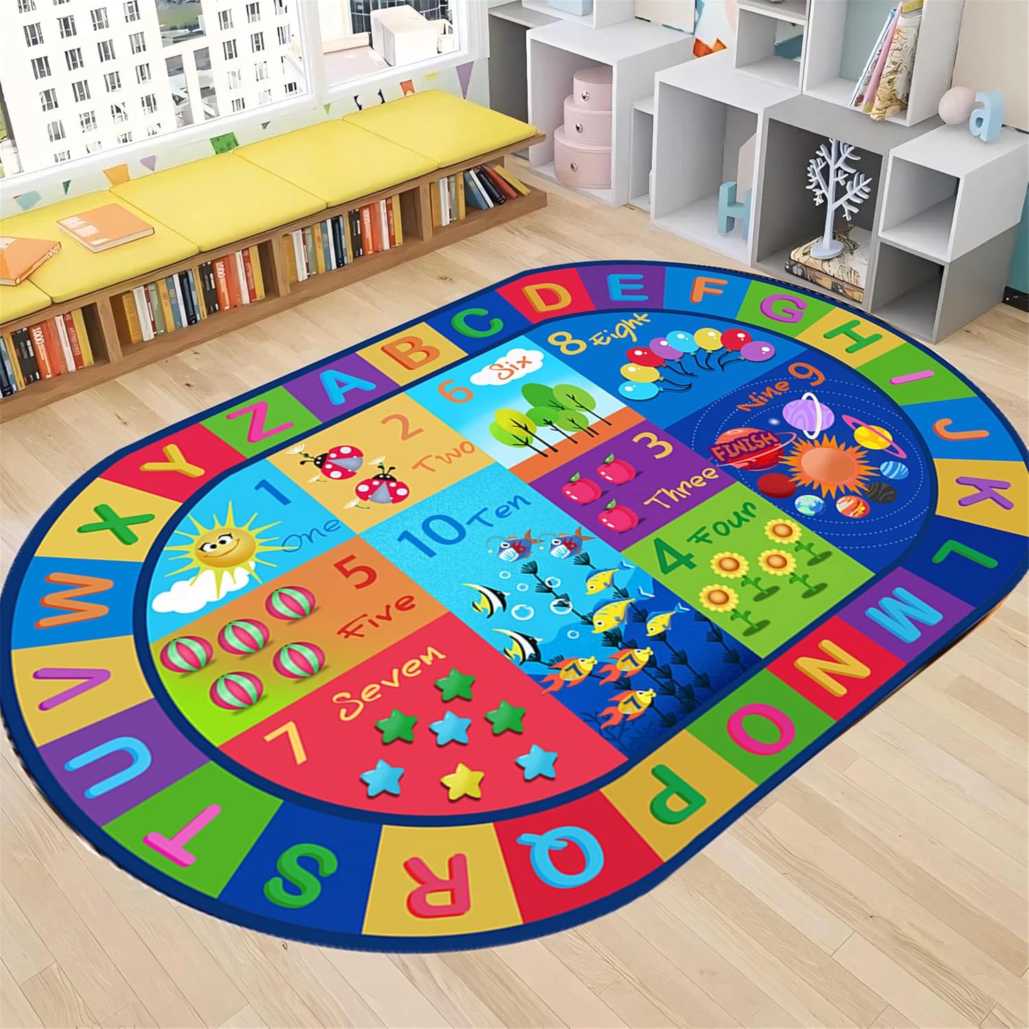 Children's Learning Area Rug,6x8ft,ABC Letters Early Learning Classroom Rug, Oval Puzzle Fun Preschool Rugs, Suitable for Playroom Daycare Room Elementary School Classroom Children's Game Decoration