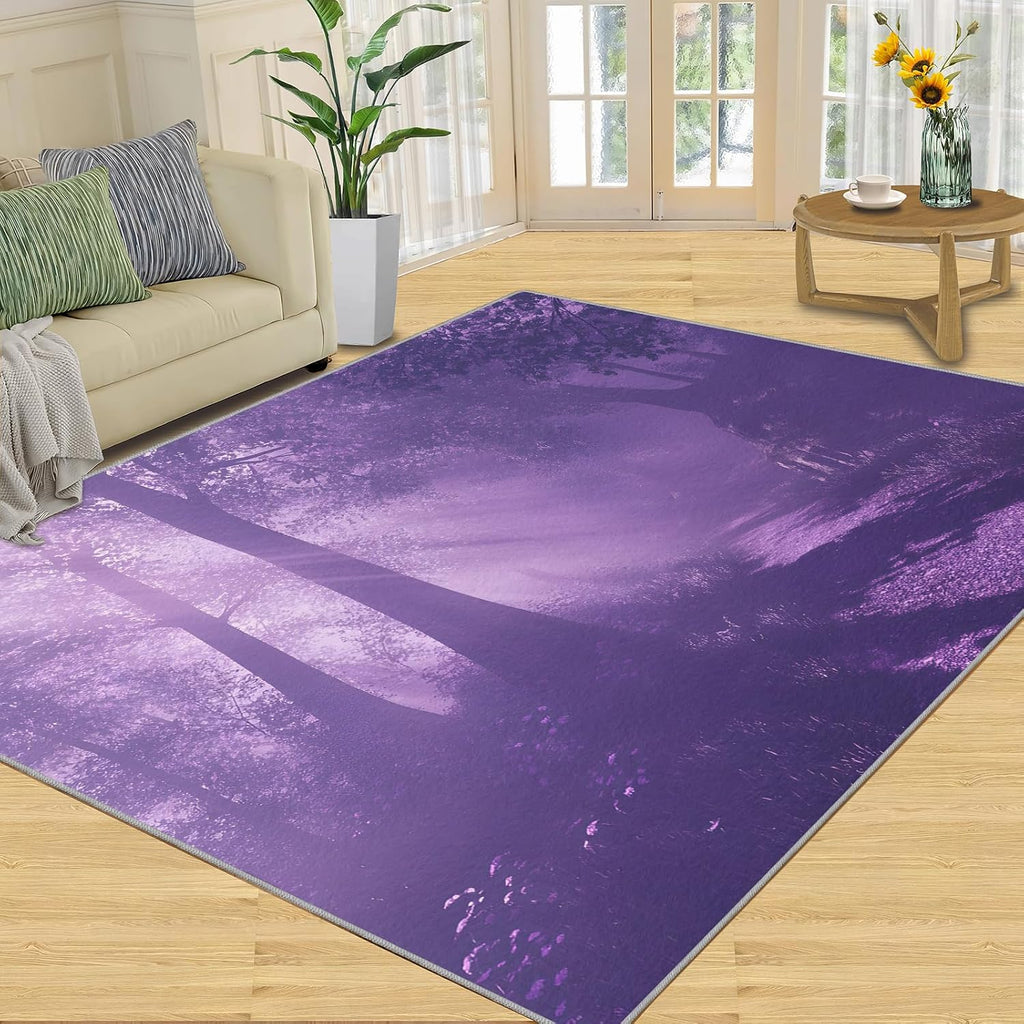 Forest Rugs for Bedroom - 6x8 Rug, Purple Forest Area Rugs for Living Room, Woodland Carpet, Landscape Washable Mat, Landscape Home Decor & Gifts