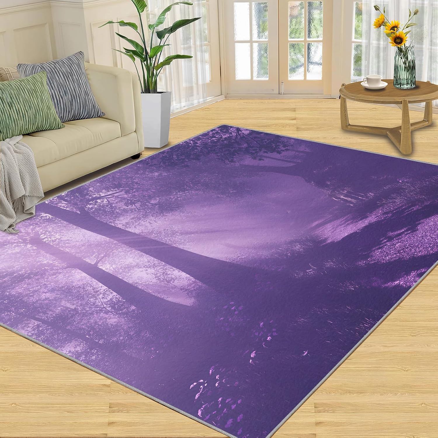 Forest Rugs for Bedroom - 6x8 Rug, Purple Forest Area Rugs for Living Room, Woodland Carpet, Landscape Washable Mat, Landscape Home Decor & Gifts