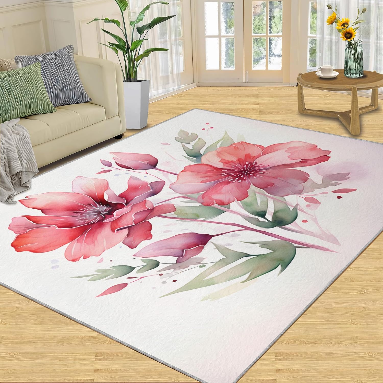 Area Rug 6x8ft, Red Flowers Rugs for Living Room, Simple Plants White Bedroom Rug, Machine Washable Breathable Durable Indoor Carpet for Bedside Porch Entryway Office