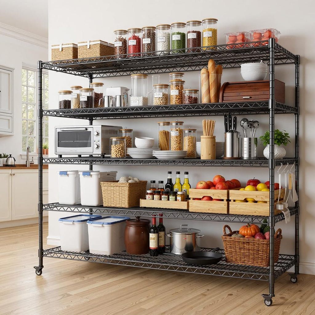AIRAJ 48' W Storage Shelves Heavy Duty | 3200 LBS Metal Shelving | 5 Tier Wire Shelving | Garage Shelving Units and Storage | Rolling Wire Rack with Wheels | Adjustable Layer Height | 48'W×24'D×72' H