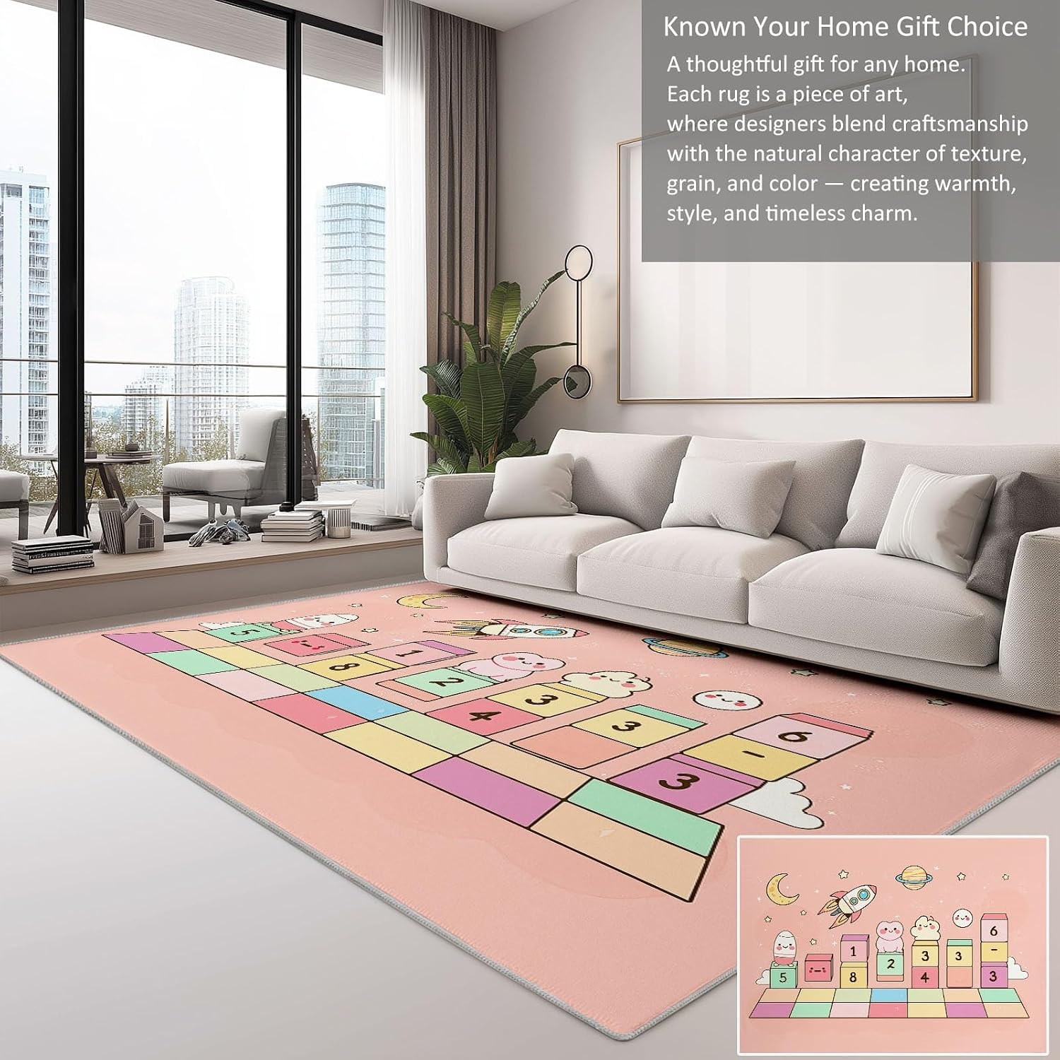 Cartoon Space Geometric Squares Print Area Rug 5 x 7 ft Washable, Pink Non-Slip Floor Mat - Soft Low-Plie Faux Wool Carpet for Bedroom Living Room Kitchen Entryway Pet Friendly Rug