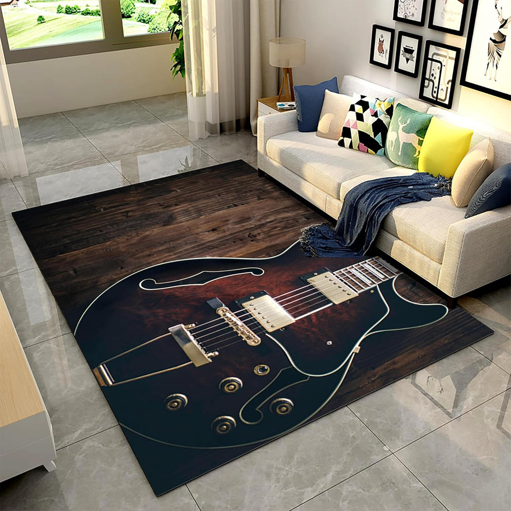 Vintage Wooden Guitar Area Rugs, 6x8ft, Brown Wood Board Musical Instrument Bedroom Carpet, Durable Non-Shedding Easy Clean Rugs, Floor Decor Washable Non Slip Rugs for Entrance Pet