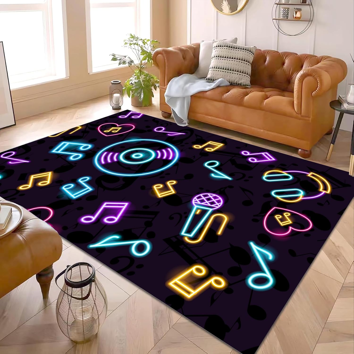UNREASTO Music Rug for Living Room, 6x8ft, Colorful Record Note Microphone Design Cool 3D Indoor Rug Mat, Non-Slip Machine Washable Rugs for Children Boy Girl Bedroom Music Room Decoration
