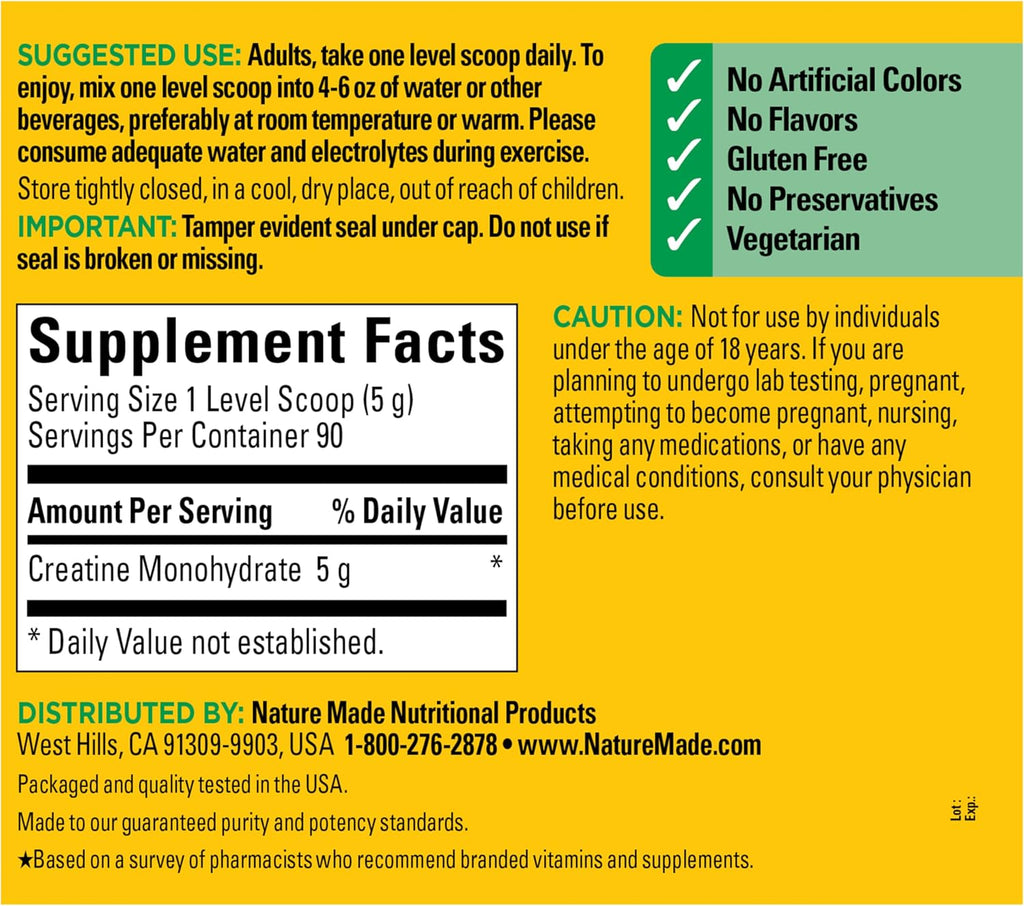 Nature Made Micronized Creatine Monohydrate Powder 5 g per Serving, Unflavored Drink Mix Powder, Muscle Support, 450 g, 90 Day Supply (Pack of 6)
