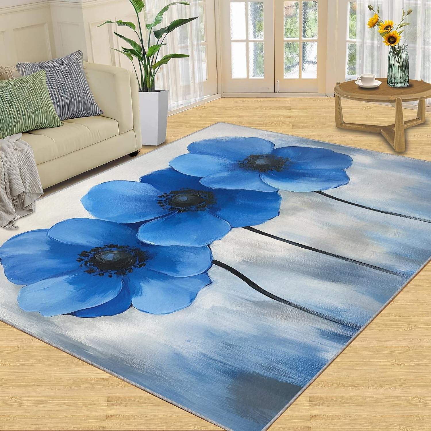 Watercolor Floral Rug 6x8-6x8 Rug, Blue Flower Area Rugs for Living Room, Modern Rugs for Bedroom, Aesthetic Non-Slip Mat, Floral Home Decor & Gifts