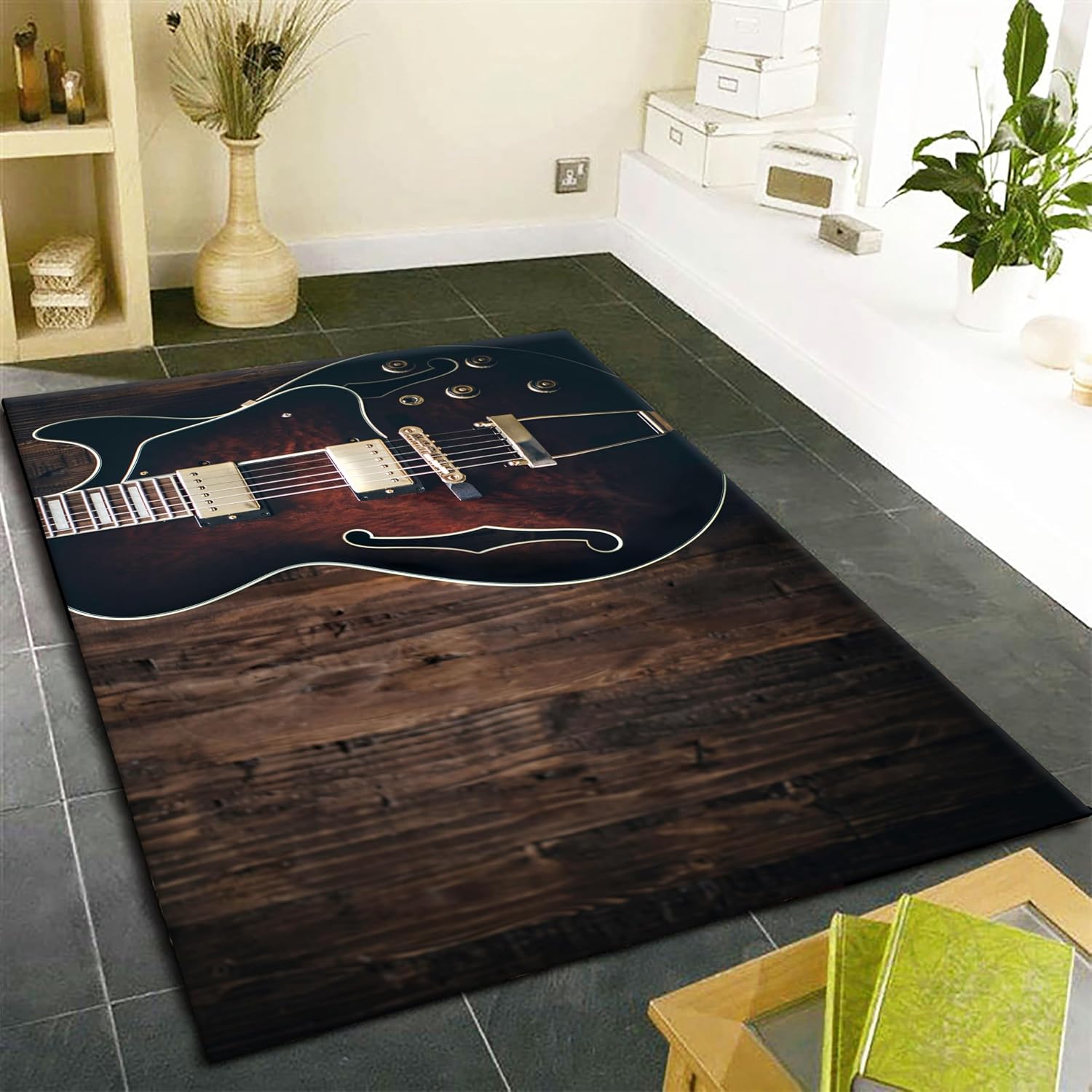 Vintage Wooden Guitar Area Rugs, 6x8ft, Brown Wood Board Musical Instrument Bedroom Carpet, Durable Non-Shedding Easy Clean Rugs, Floor Decor Washable Non Slip Rugs for Entrance Pet