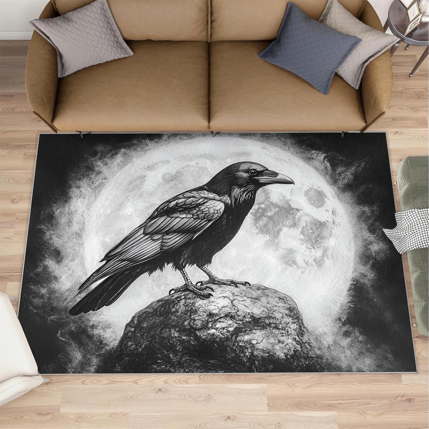 Black and White Carpet - Large Rug 6x8 - Crow Rugs for Living Room - Soft & Non Slip & Washable Rugs for Bedroom, Full Moon Carpets for Dining Room Lounge Girls Room