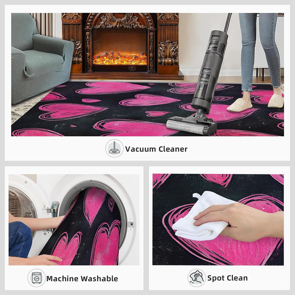 Pink Love Area Rug Large - 6x8 Rug, Black Rugs for Living Room, Romantic Area Rugs for Bedroom, Kids Washable Carpet, Love Home Decor & Gifts