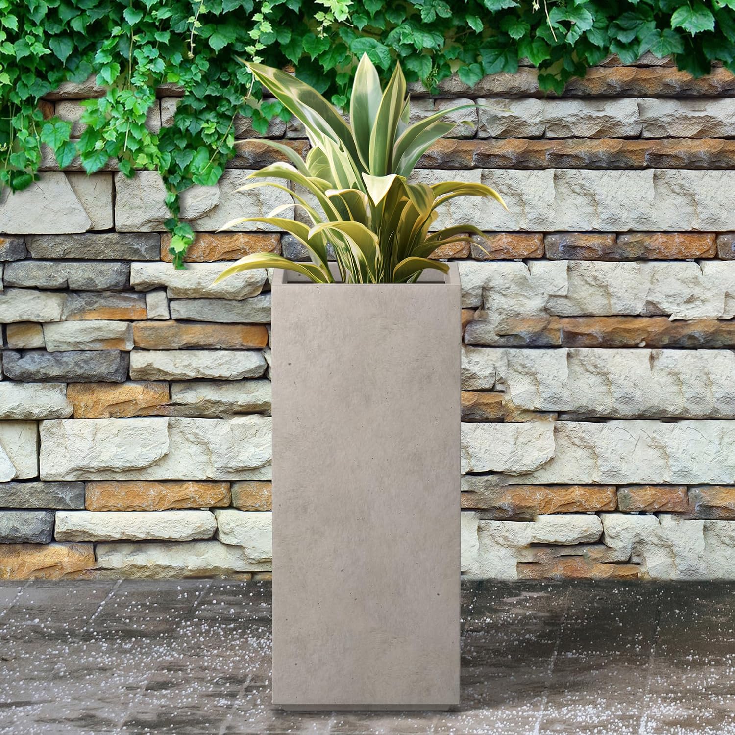 Kante 27.6' H Tall Rectangular Concrete Planter, Modern Square Diameter Plant Pot with Drainage Hole and Rubber Plug for Indoor Outdoor Home Patio Garden, Weathered Concrete