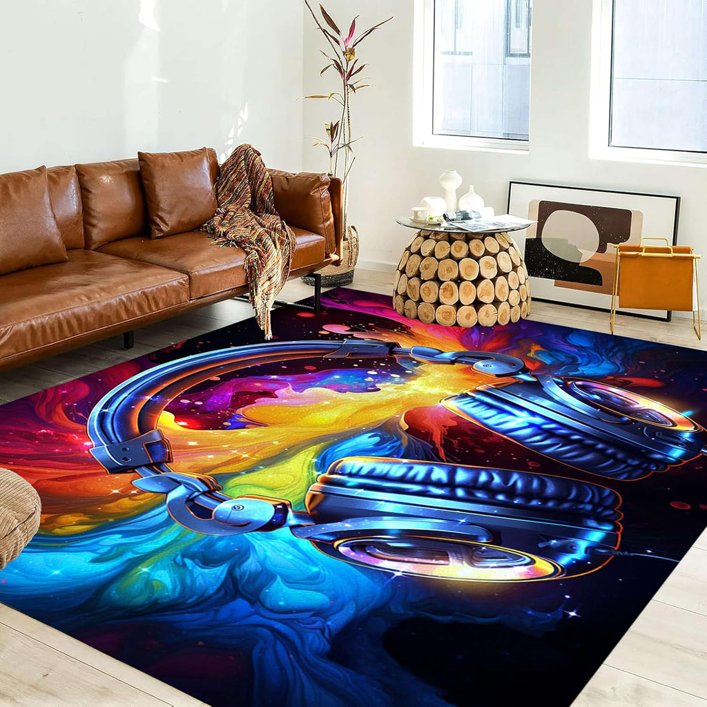 Game Area Rug, 6x8ft, Music Headphone Rug Colorful Graffiti Cool Throw Rugs 3D Indoor Large Rugs, Non-Slip Machine Washable Carpet Door Mats for Living Room Bedroom Apartment Dorm