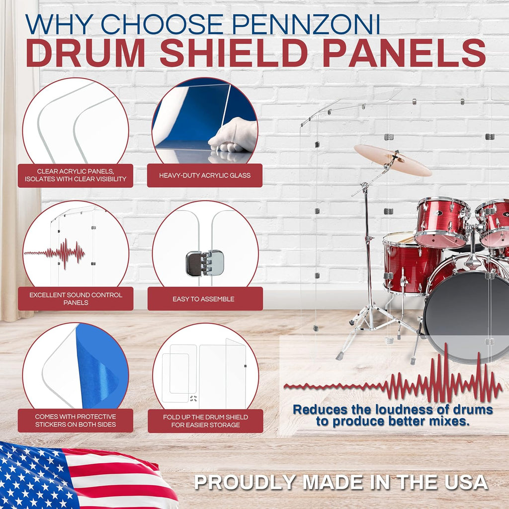 PENNZONI Drum Shield 6ft w/Deflectors & Chrome Hinges, Comes w/ 7 Drum Panels, 7 Deflectors, Chrome Hinges & Deflector Connectors, Premium Clear Acrylic Panels