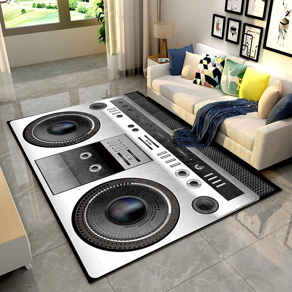 Retro Speaker Area Carpet, 6x8ft, Boombox Audio Bedroom Rug, Music Record Machine Washable Home Decor Mat, Absorbent Thin Low Pile Washable Rugs for Indoor Study Room