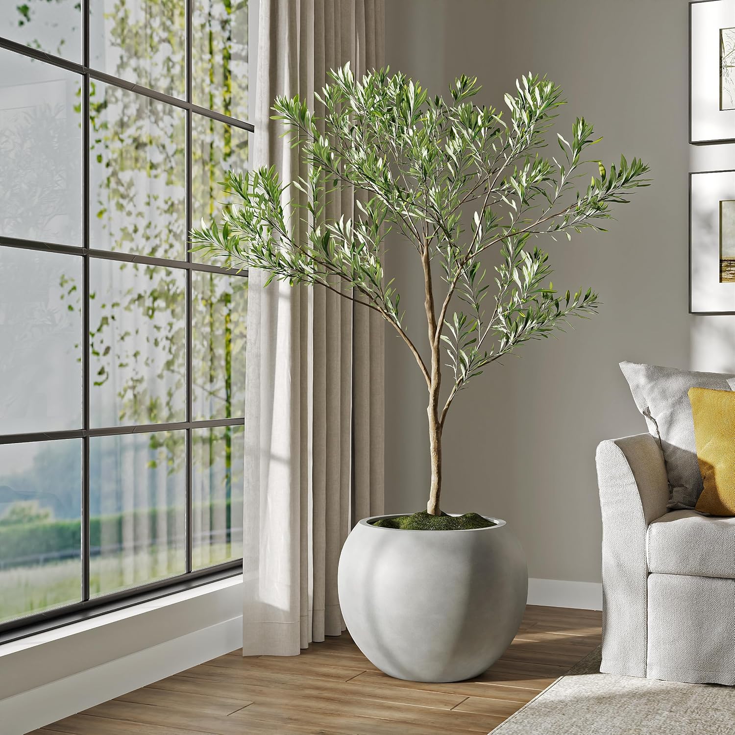 DTY Premium Mt Sherman Fiberstone Sphere Planter for Indoor Outdoor Use, Round Pot for Olive Tree, Lightweight, Smooth Finishes. 2 Extra Coco Mats. Gray, Large 21.1'' D x 16.7'' H. 14.6' Pot Opening