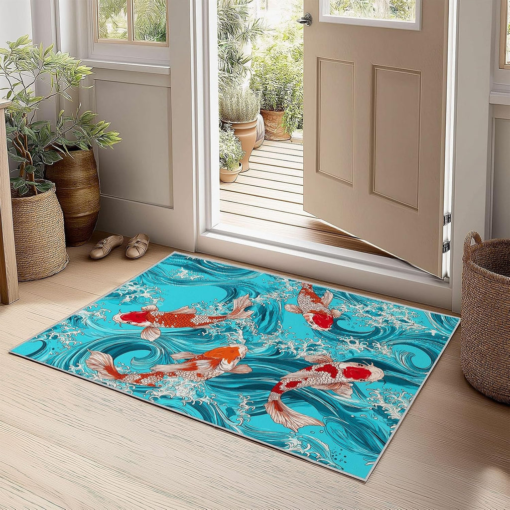 Water Waves Animals Fish Print Area Rug 5 x 7 ft for Living Room, Soft Washable Carpet for Bedroom Japanese Art Style Non-Slip Rug - Stain Resistant Carpets for Kids Playroom Classroom Dining Room