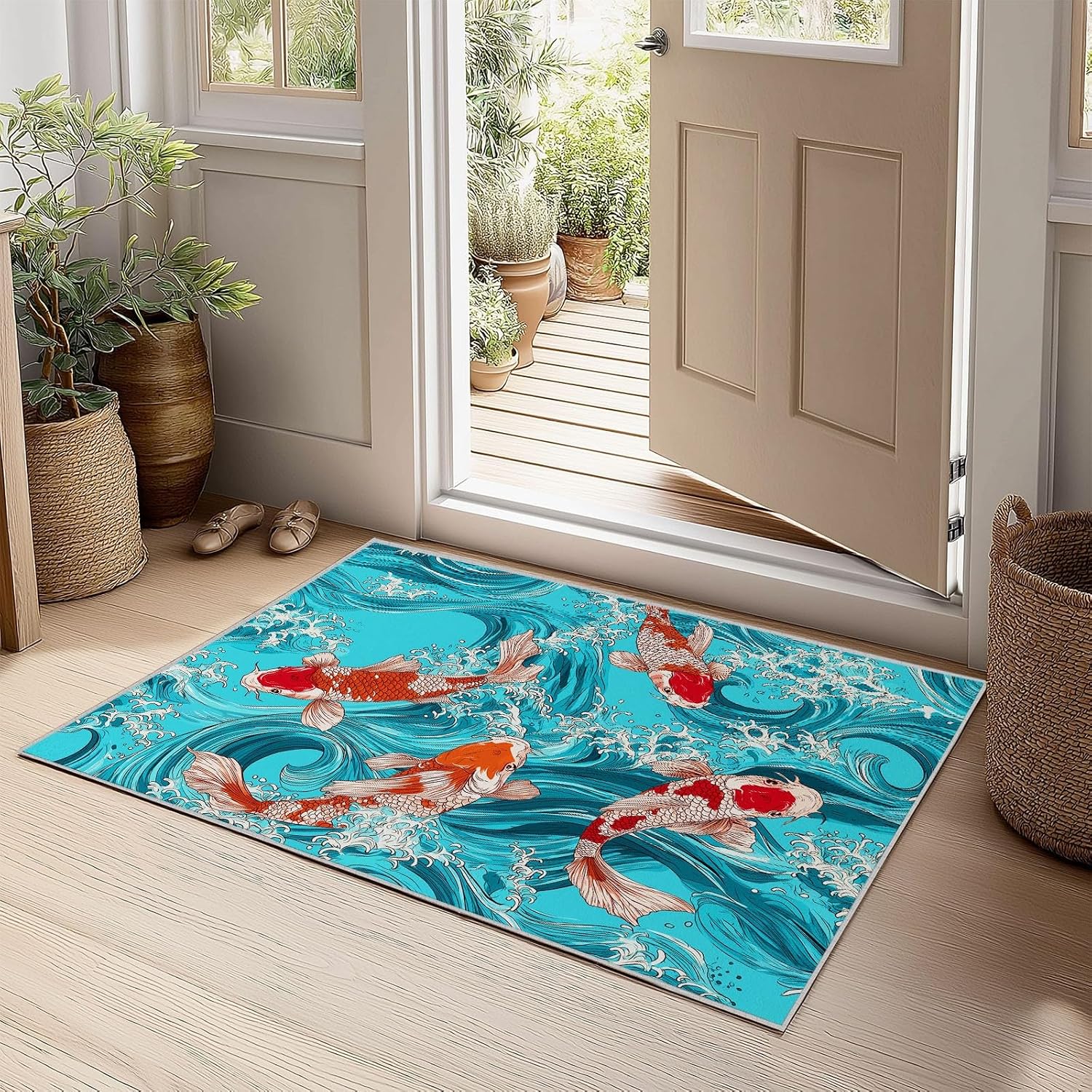 Water Waves Animals Fish Print Area Rug 5 x 7 ft for Living Room, Soft Washable Carpet for Bedroom Japanese Art Style Non-Slip Rug - Stain Resistant Carpets for Kids Playroom Classroom Dining Room