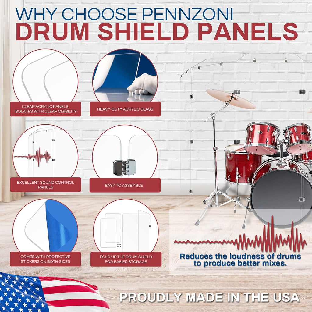 PENNZONI Drum Shield 6ft w/Deflectors & Chrome Hinges, Comes w/ 5 Drum Panels, 5 Deflectors, Chrome Hinges & Deflector Connectors, Premium Clear Acrylic Panels
