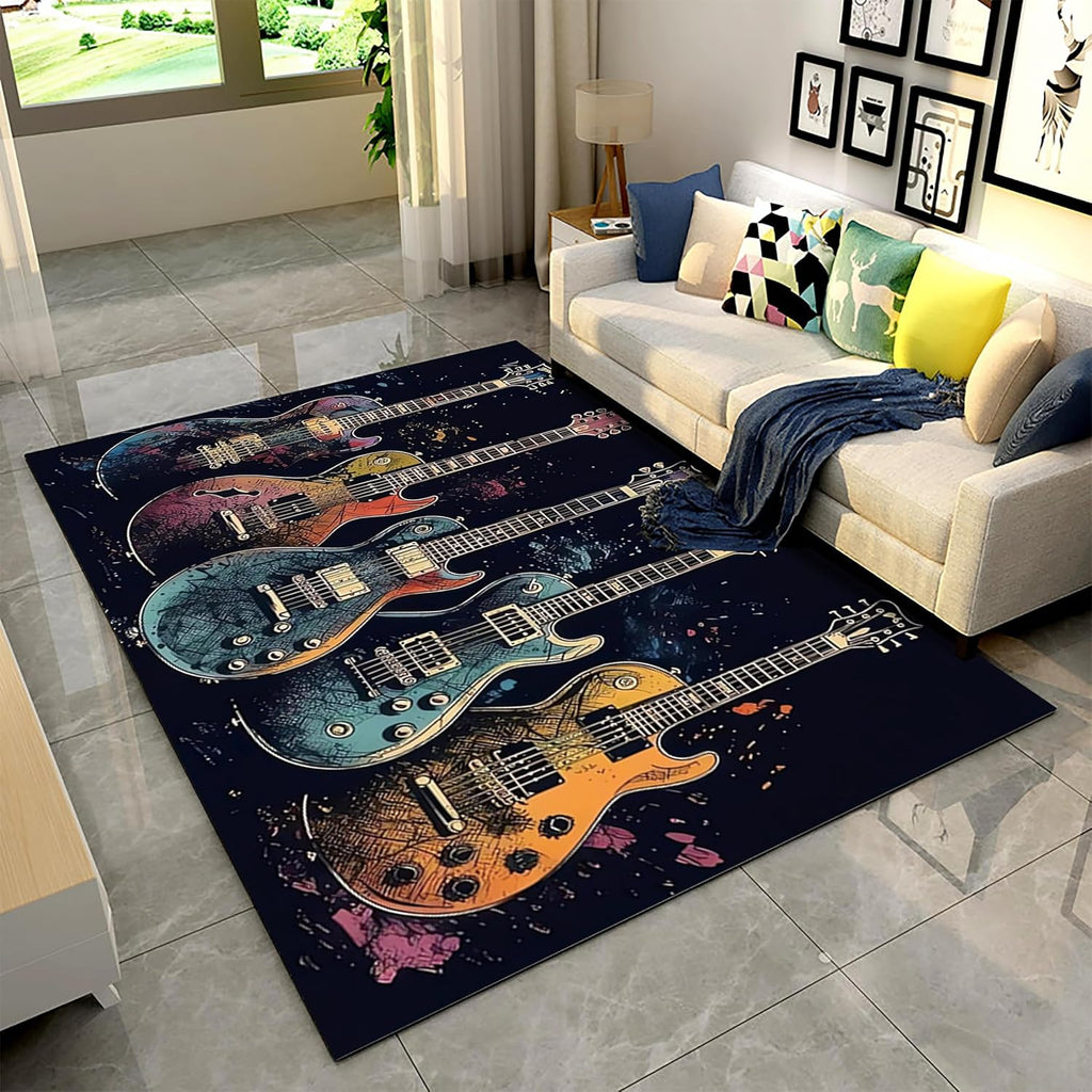 Guitar Print Living Room Carpet, 6x8ft, Watercolor Guitar Bass Kids Rugs, Durable Breathable Home Decorative Rugs, Low Pile Soft No Crease Washable Area Rug for Living Room Runner