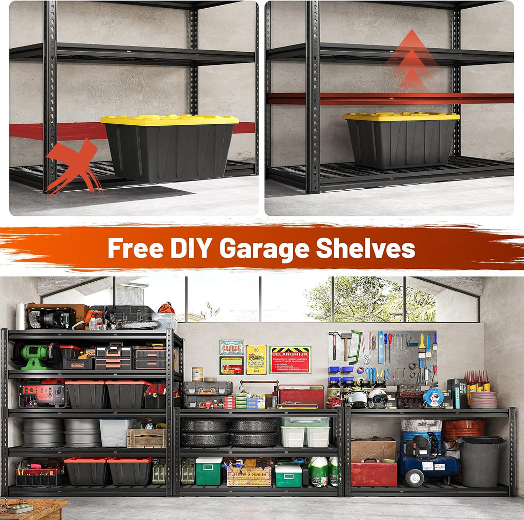 REIBII 48''W Garage Shelving,Adjustable Reinforcing Wire Mesh for Basement | 3000LBS Metal Shelving Unit, double-layer thickened metal support posts for Warehouse 5 Tier 48' W x 24' D x 72' H