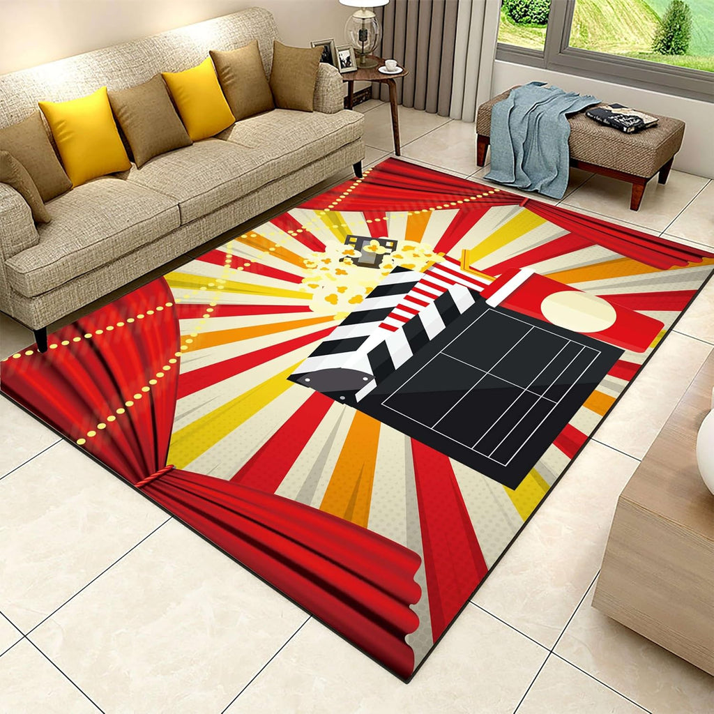 Kids Movie Night Area Rug,6x8ft, with Film Clapboard Design, Modern Bedroom Carpet for Film Fans, Retro Cinema Home Decor, Non-Slip Backing, Perfect for Teen Boys Room, Lounge, and Nursery