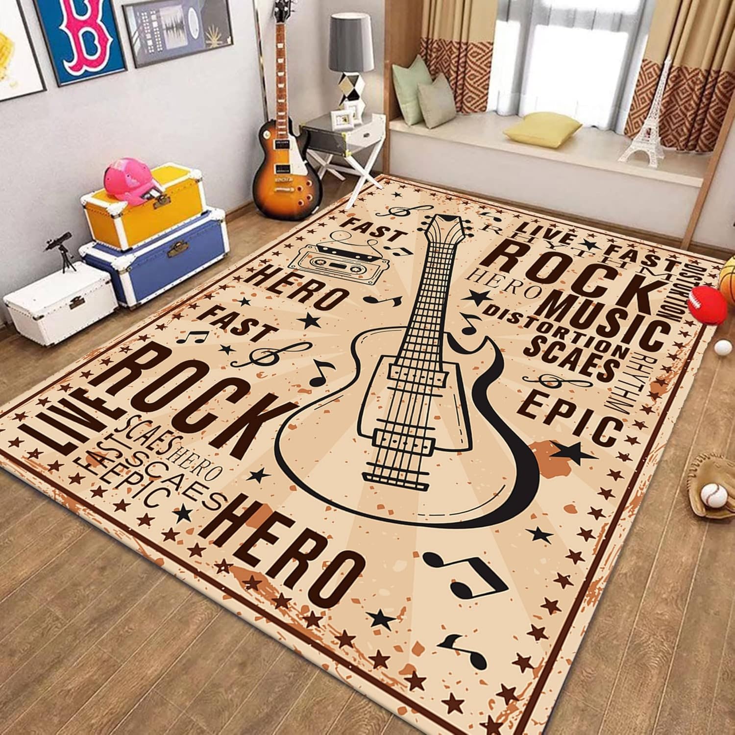 UNREASTO Vintage Guitar Area Rug 6x8ft Music Musical Note Star Letter Print Retro Rug Floor Mat for Children's Room Kids Boy Girl Bedroom Decoration Soft Non-Slip Durable Rug for Living Room