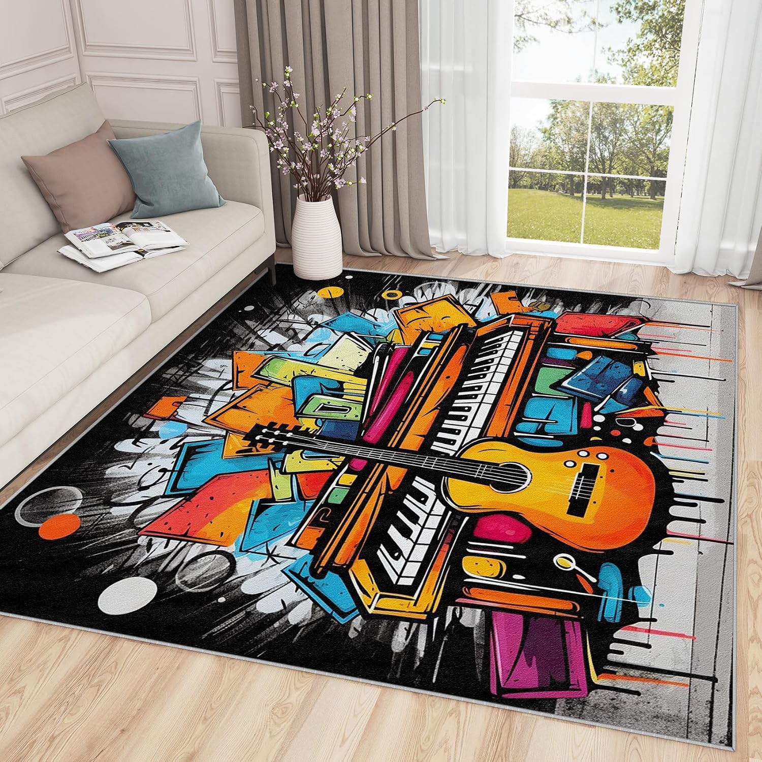 Music Rug 8x10 - Guitar Area Rugs for Living Room Bedroom - Music Room Carpet - Washable Non Slip Stain Resistant - Graffiti Home Decor & Gifts