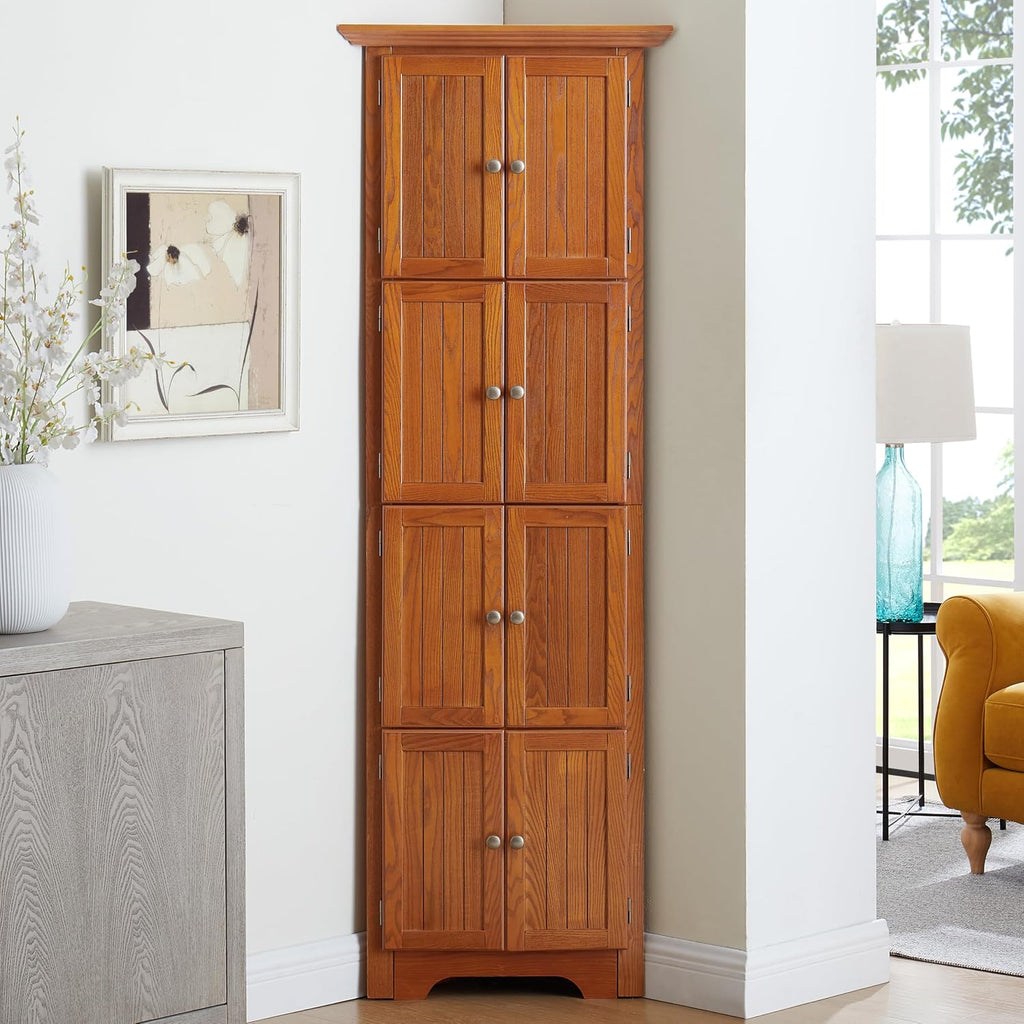 72' Sturdy Freestanding Storage Cabinet, Kitchen Storage Bakers Rack with Tiered Shelves, Utility Food Cupboard with Spacious Doors for Kitchen, Bathroom, Living Room, Oak