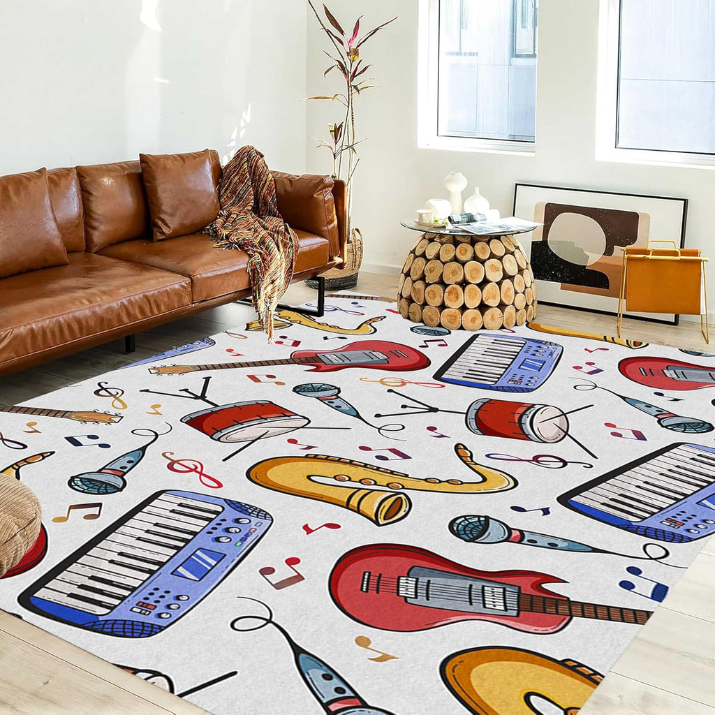 UNREASTO Children's Guitar Area Rug, 6x8ft, Cartoon Instrument Drum Microphone Saxophone Pattern Living Room Rug Mat, Music Note Non-Slip Washable Rugs for Playroom Bedroom Children's Room