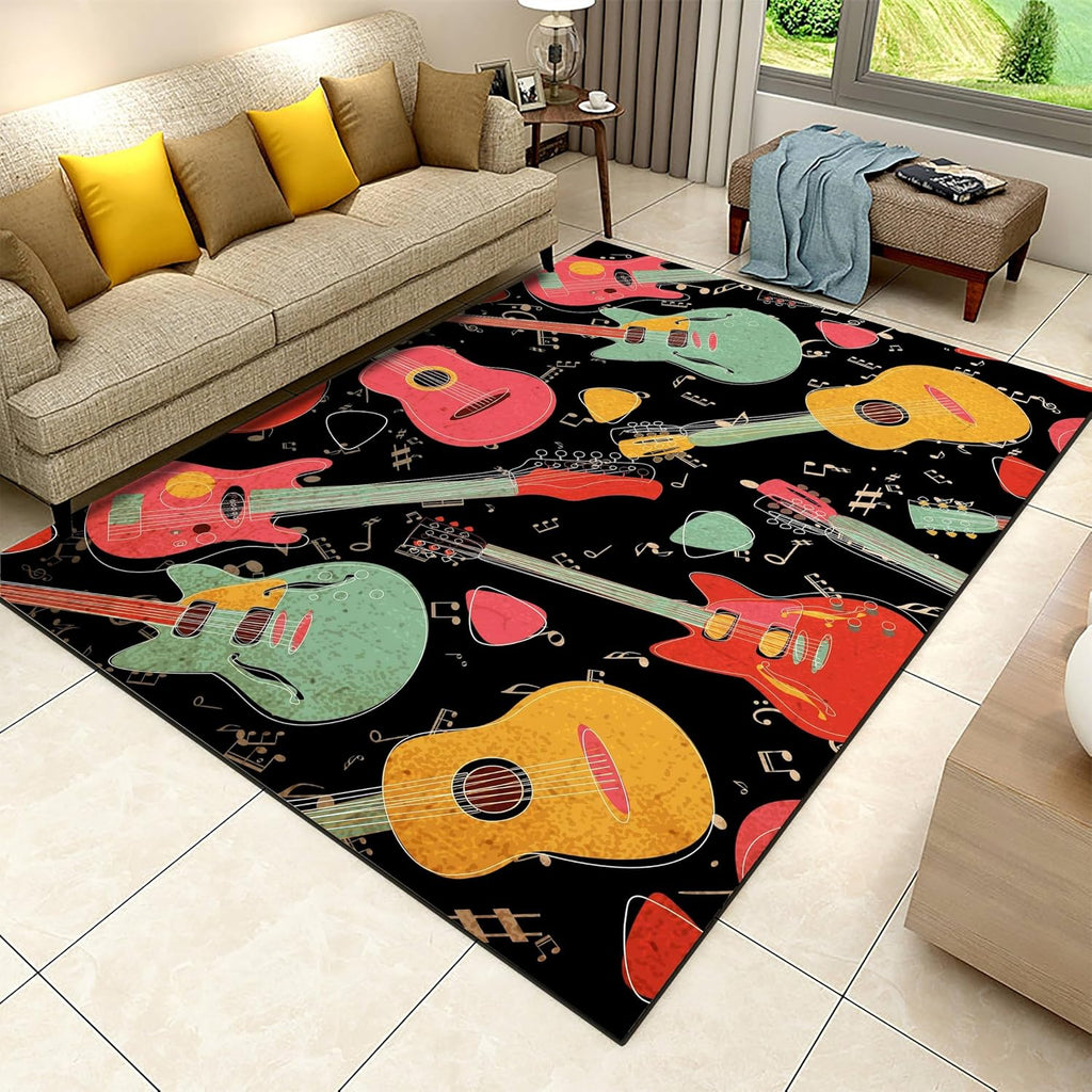 Colorful Music Guitar Area Rug, 6x8ft, Musical Note Guitar Pick Entrance Carpet, Soft Cozy Foldable No Crease Indoor Mats, with Non Slip Backing Low Pile Rugs for Living Room