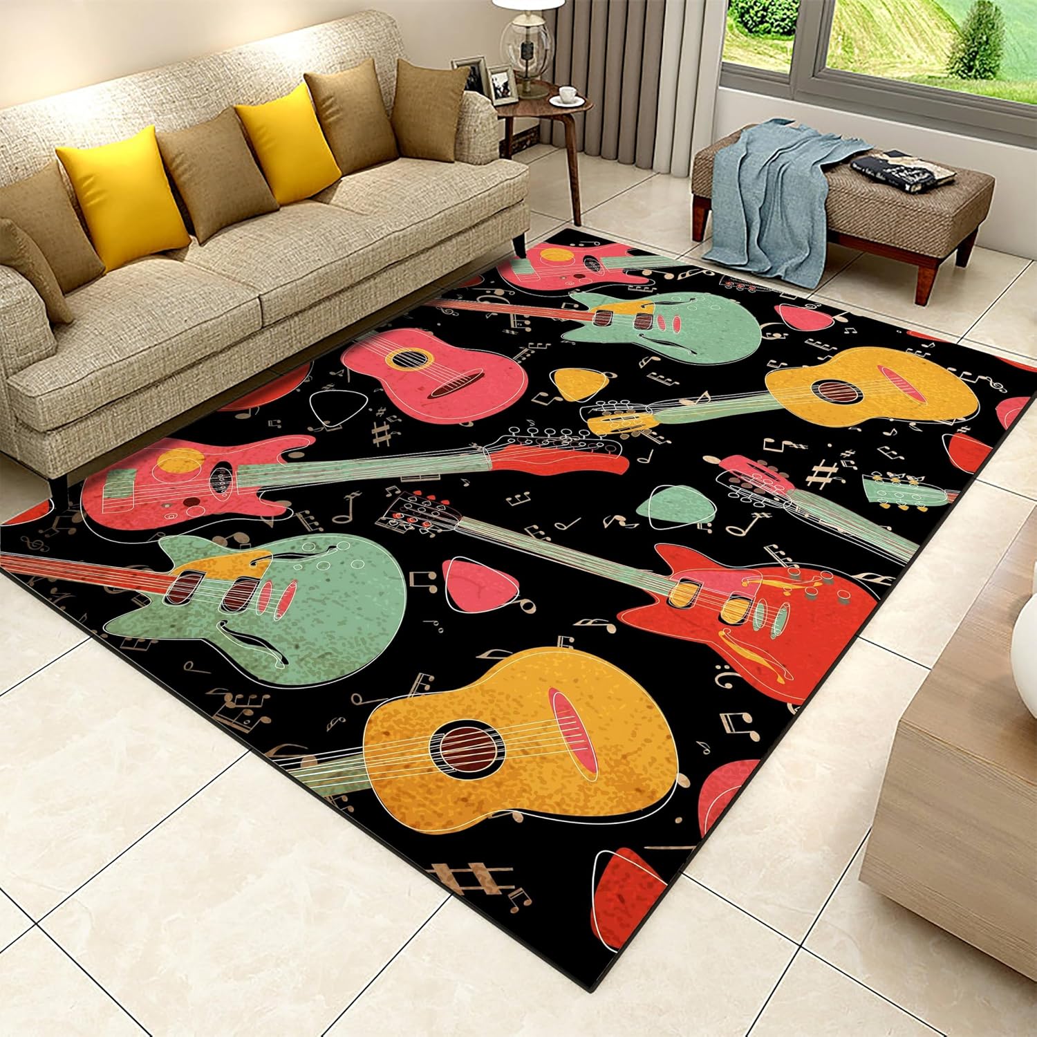 Colorful Music Guitar Area Rug, 6x8ft, Musical Note Guitar Pick Entrance Carpet, Soft Cozy Foldable No Crease Indoor Mats, with Non Slip Backing Low Pile Rugs for Living Room