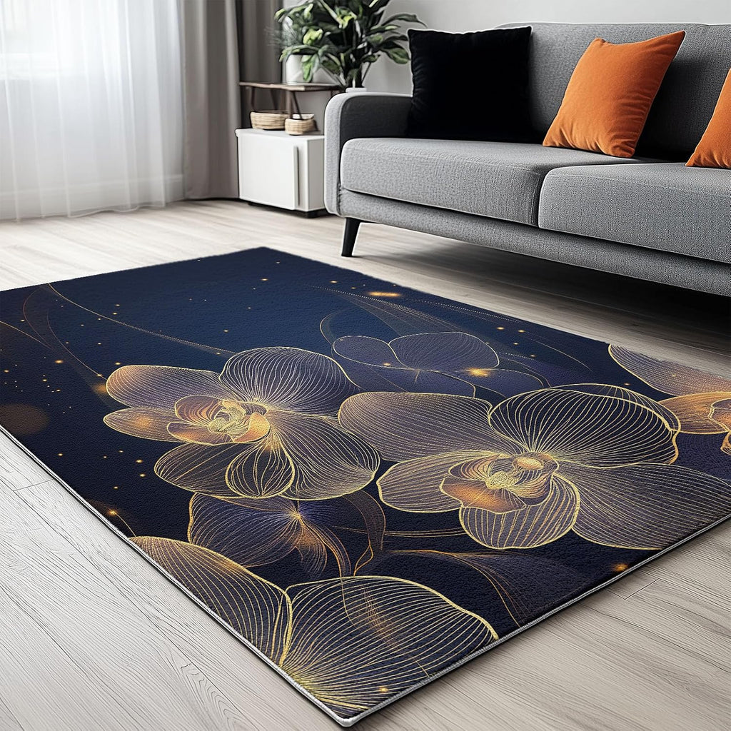 Washable Non-Slip Area Rug Resistant, Artistic Gold Line Orchid Theme for of Living Room Bedroom Kids Room, Nursery, Office, Kitchen, Multicolor 6 x 8 ft Carpet Pet & Child Friendly