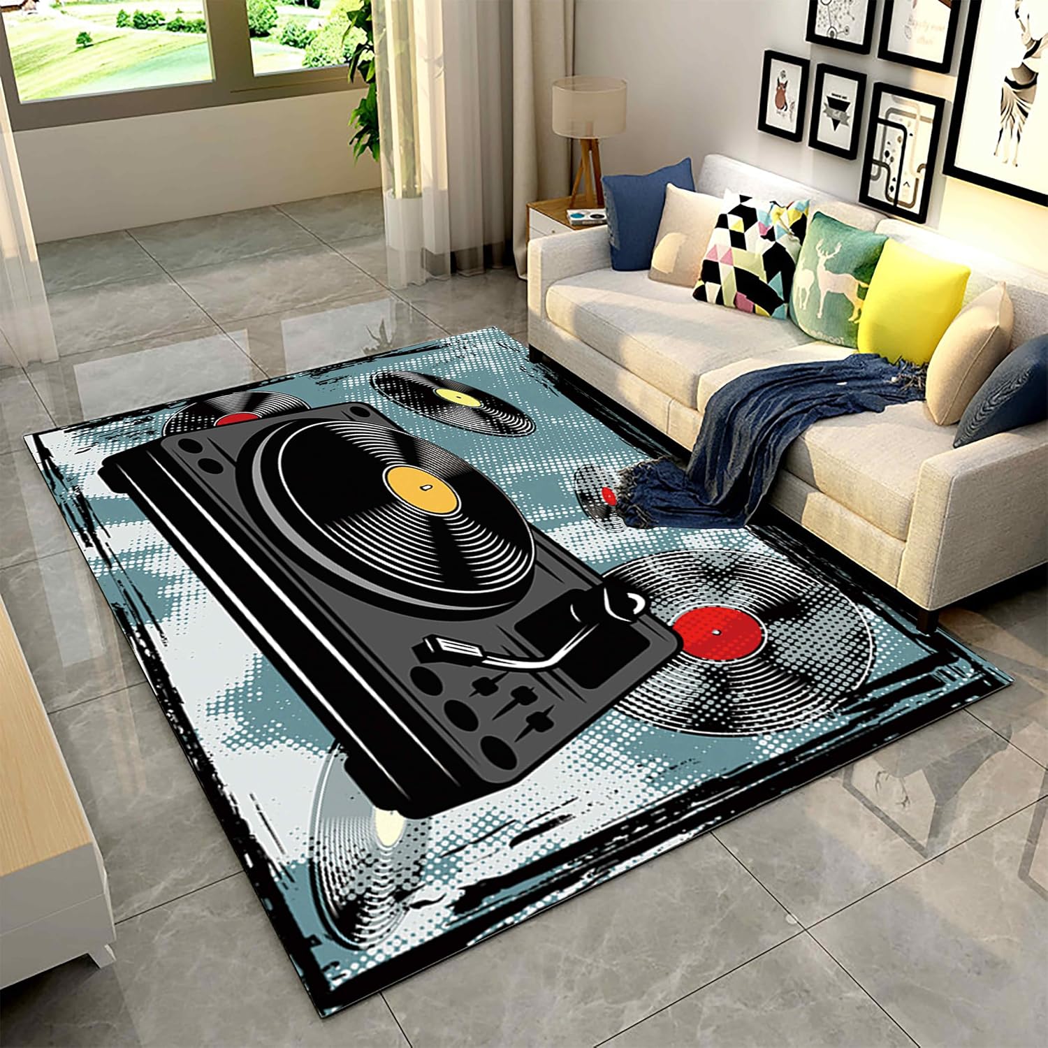 Music Record Player Area Rugs, 6x8ft, Retro Vinyl Record Floor Rug, 3D CD Player Rugs for Home Decoration, Machine Washable Breathable Foldable Carpet for Floor Entryway Office