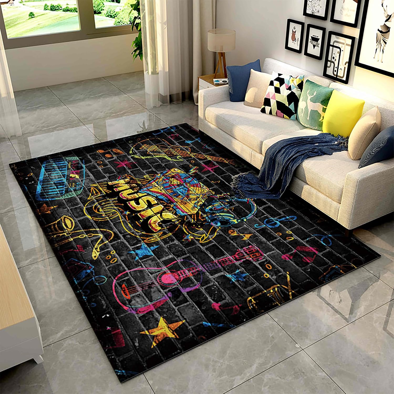 Musical Instruments Indoor Rugs, 6x8ft, Musical Note Guitar Headphone Graffiti Pattern Entryway Rugs, Absorbent Shed Resistant Reduce Noise Anti Slip Carpet for Kids Bedroom Family